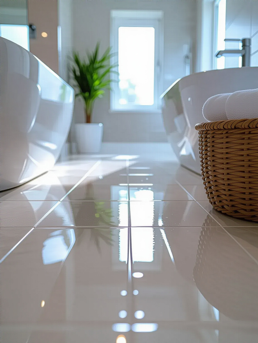 Sealed bathroom floor showing glossy grout and porous tile surfaces