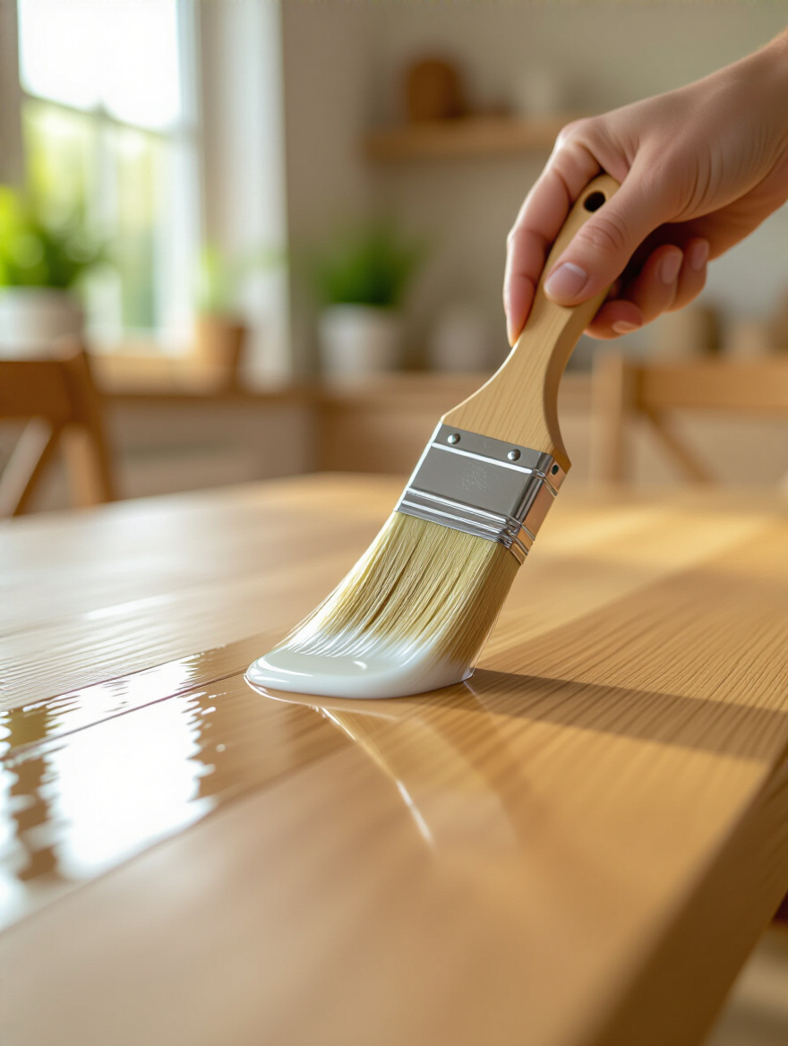 A close-up shot of a hand using a brush to apply a clear protective finish to a clean, light-colored wood farmhouse dining table. The wood grain is visible through the wet finish, reflecting soft light. This illustrates the process of applying protective finishes for table protection.