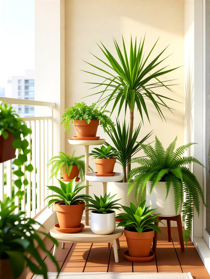Portrait balcony scene showing thematic plant groupings in varied-height containers for visual interest