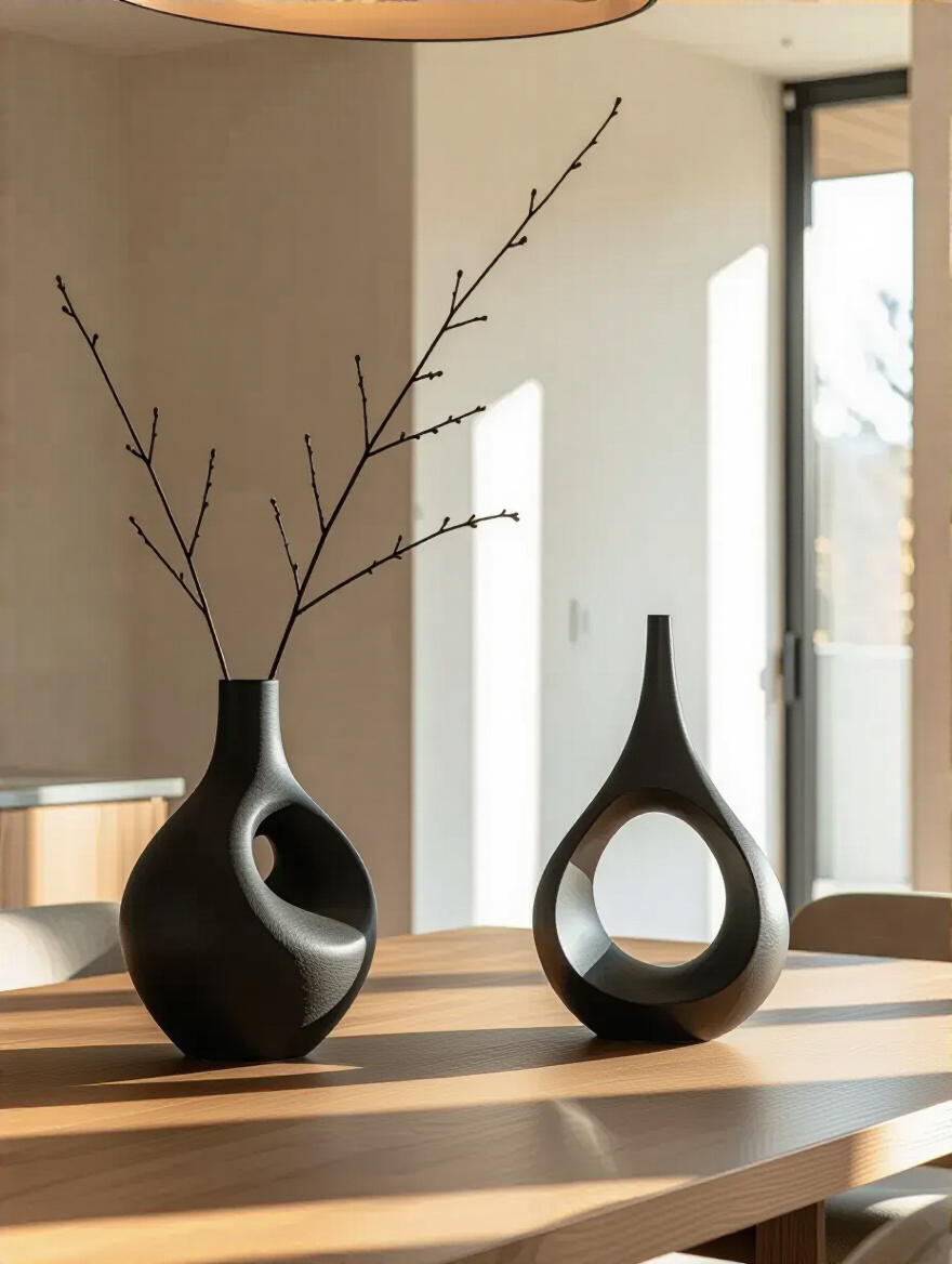 Portrait image of a minimalist dining table with a sculptural centerpiece arranged with intention and negative space.