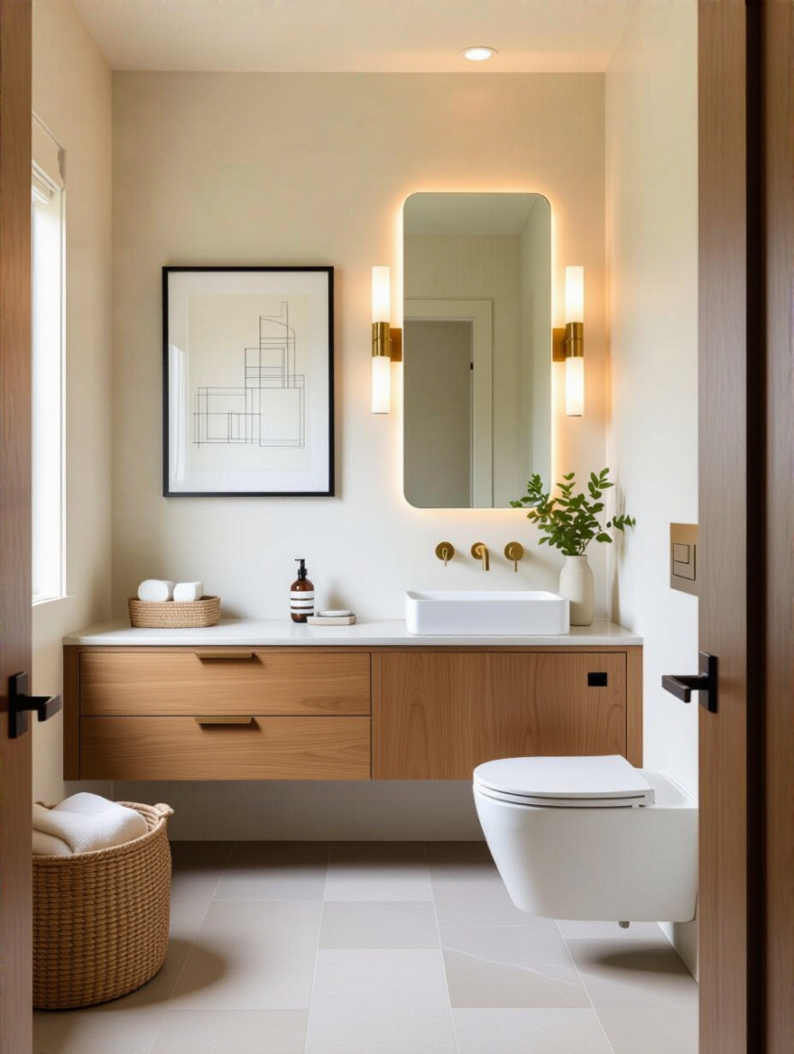 Portrait view of a powder room with space-planned layout featuring a wall-mounted vanity and pocket door