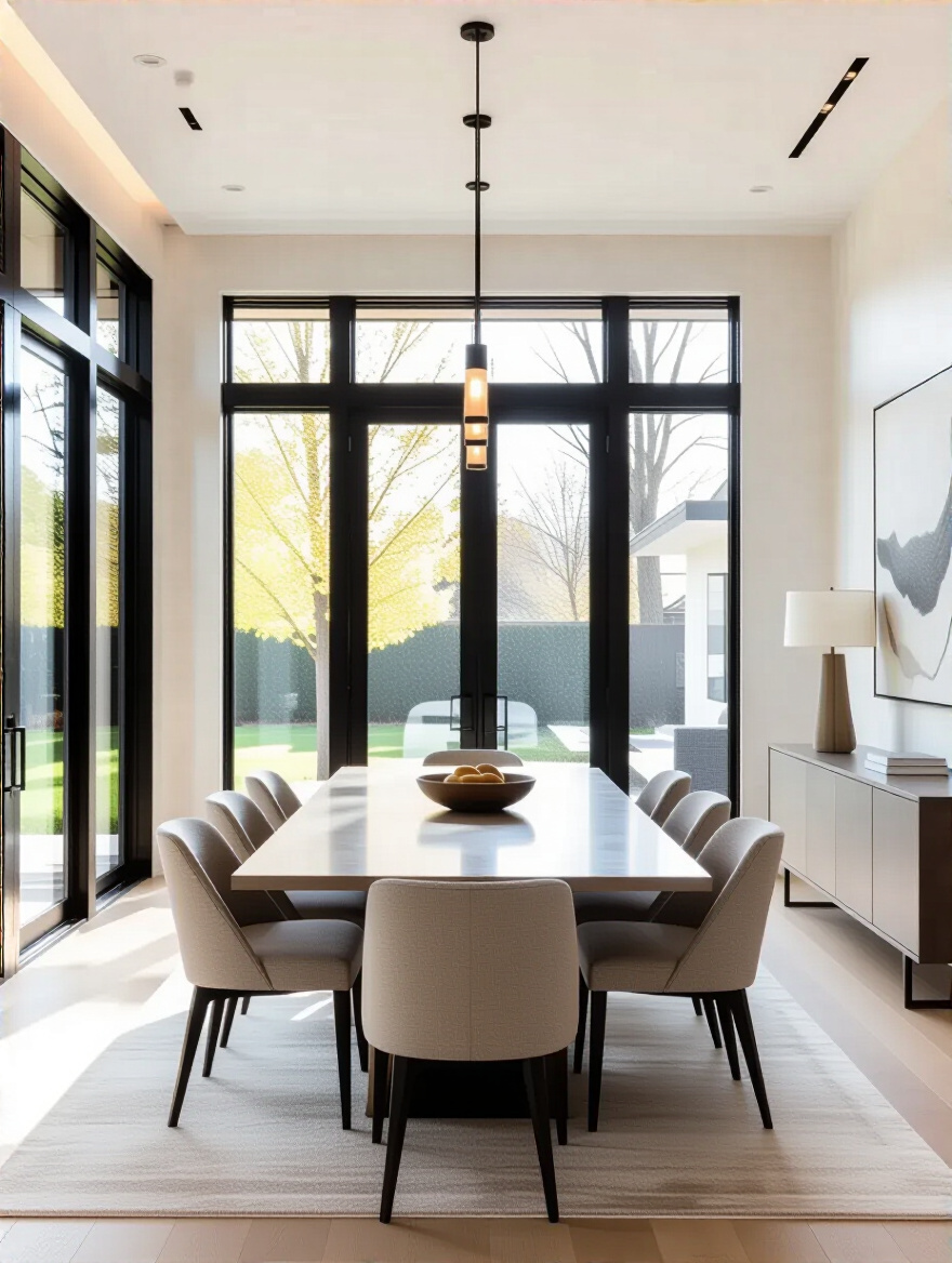 Portrait of a modern dining room showing ample clearance and balanced layout
