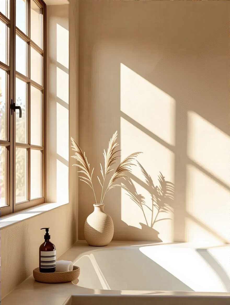 Serene beige bathroom with natural light streaming through a window, highlighting how varying light sources influence beige wall paint, essential for perfect shade selection.