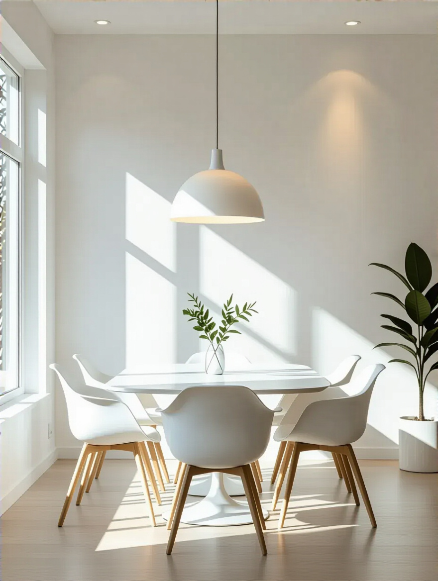A serene white dining room interior, beautifully lit with a mix of natural light from large windows and subtle artificial lighting, showcasing optimal brightness and mood after a careful lighting assessment.