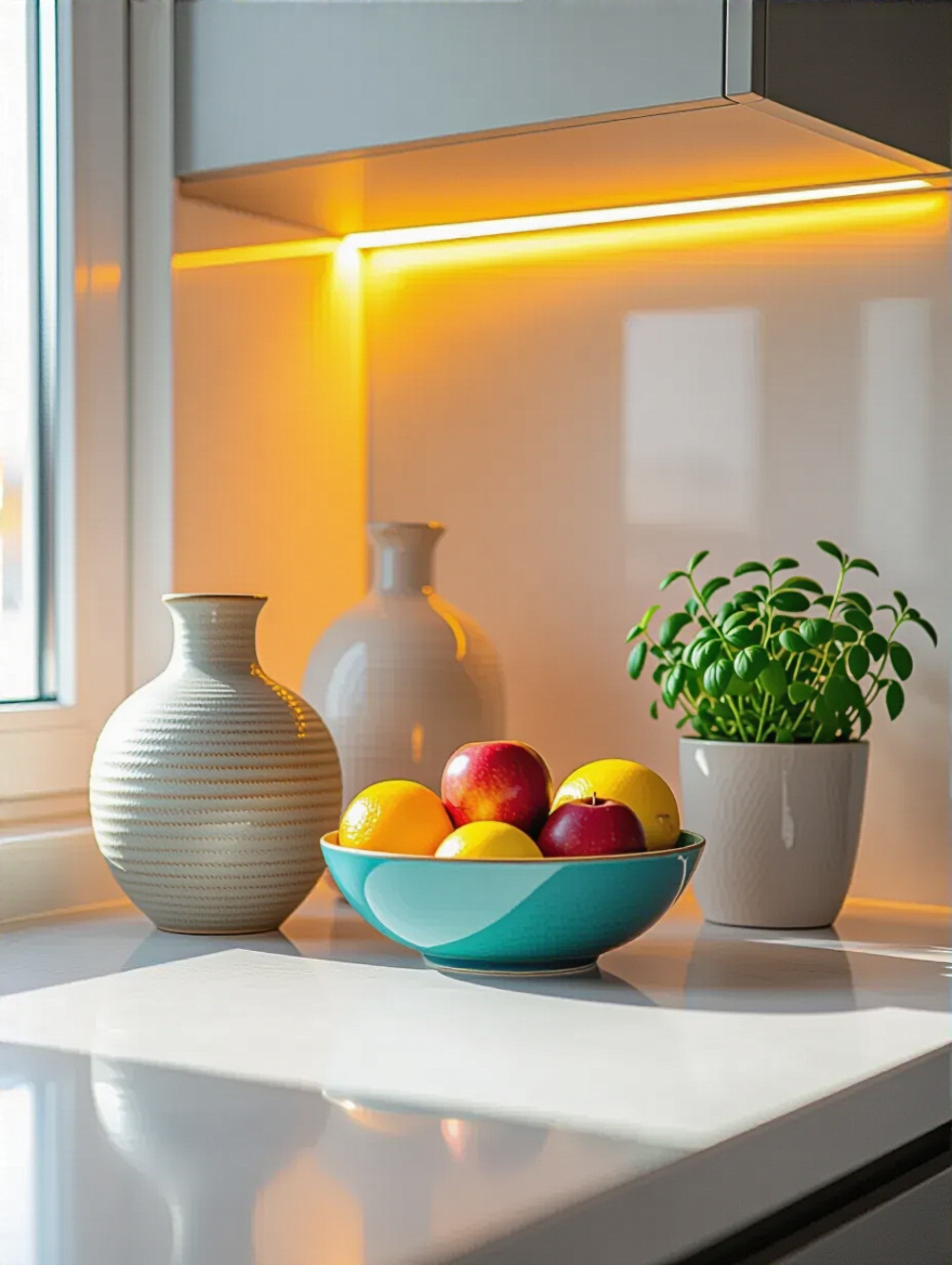 Modern kitchen countertop with fruit, plant, and vase, beautifully lit by under-cabinet LEDs and natural light to enhance visual appeal.