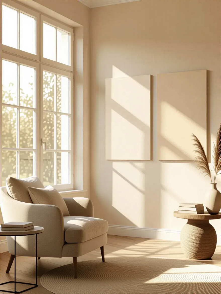 A sophisticated living room with beige wall swatches illuminated by natural light from large windows, demonstrating how natural light impacts beige paint shades throughout the day.