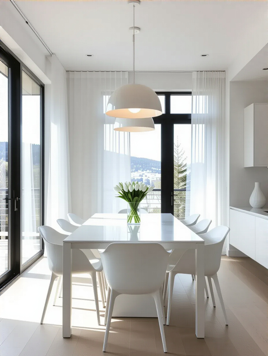 Portrait view of a bright white dining room with layered lighting and pendant