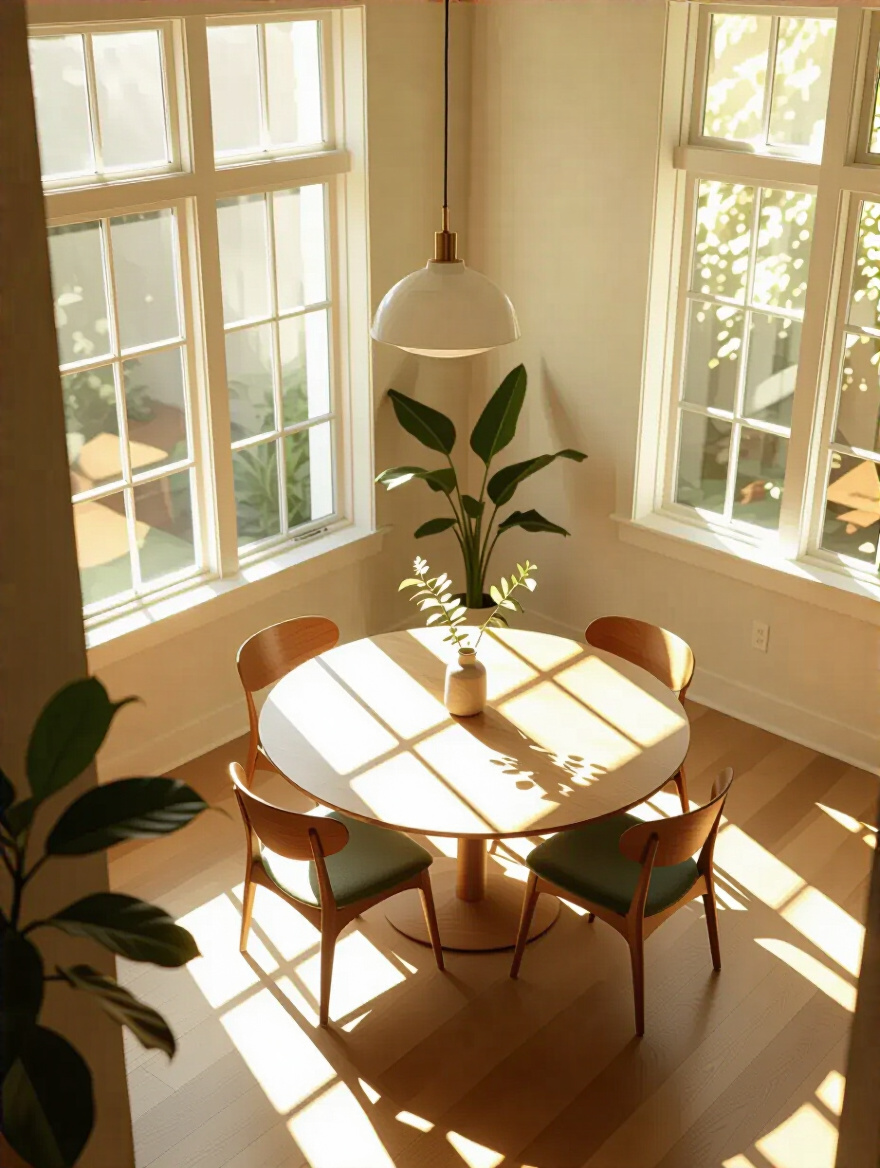 Dining room flooded with natural light, showing various light conditions and potential plant spots.