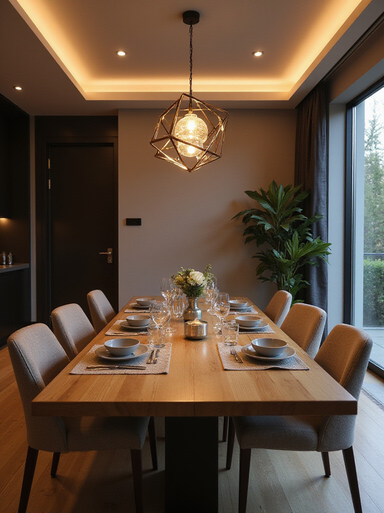 Modern dining room with large windows showing natural light and a clear layout, designed for a dining room assessment.
