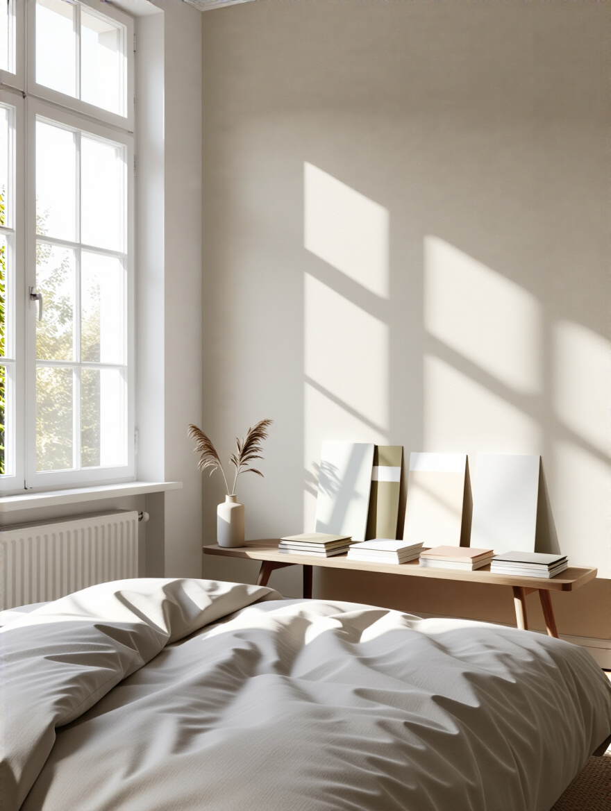 Bedroom with window light and wallpaper swatches ready for planning