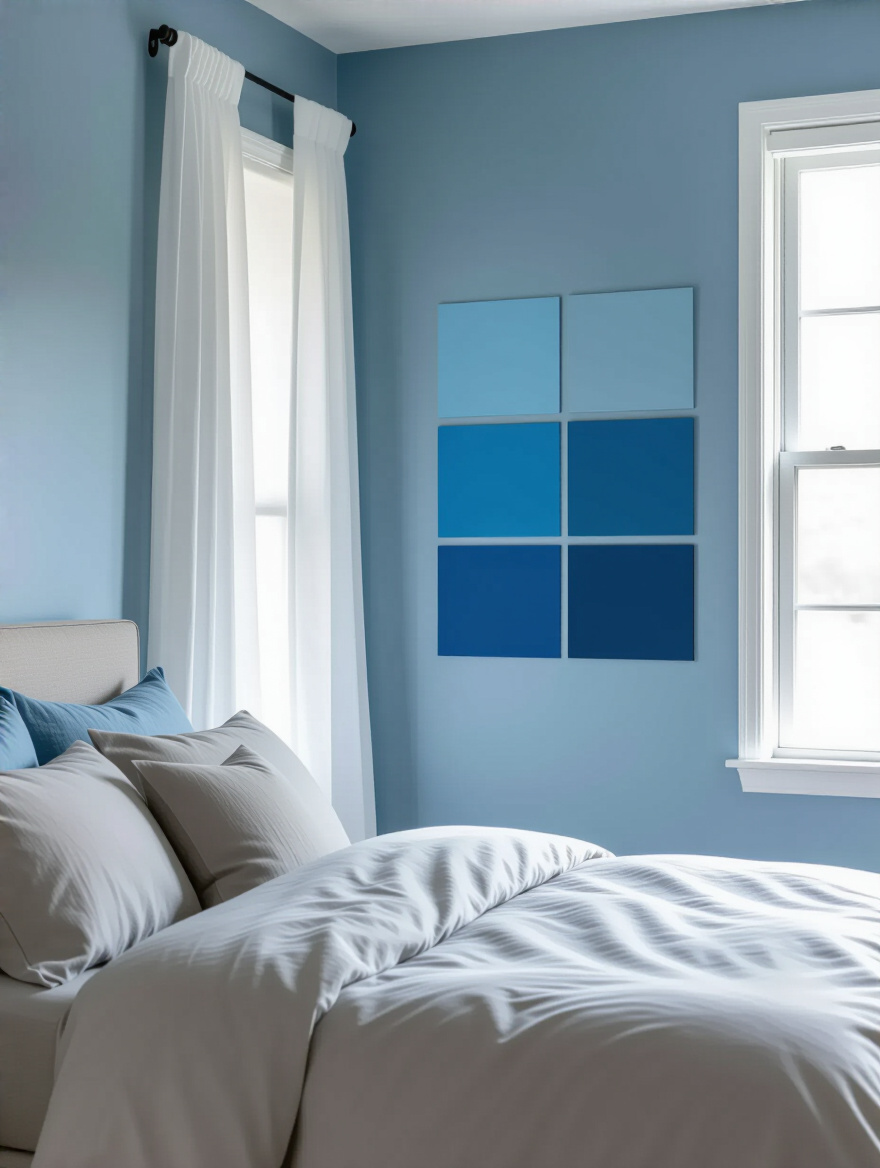 Portrait view of a blue bedroom wall with swatches under soft daylight