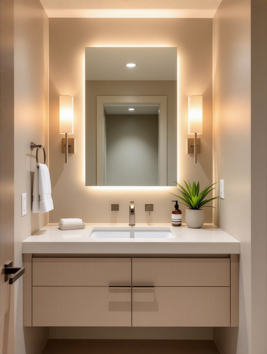 Portrait view of a modern powder room interior with layered lighting and backlit mirror