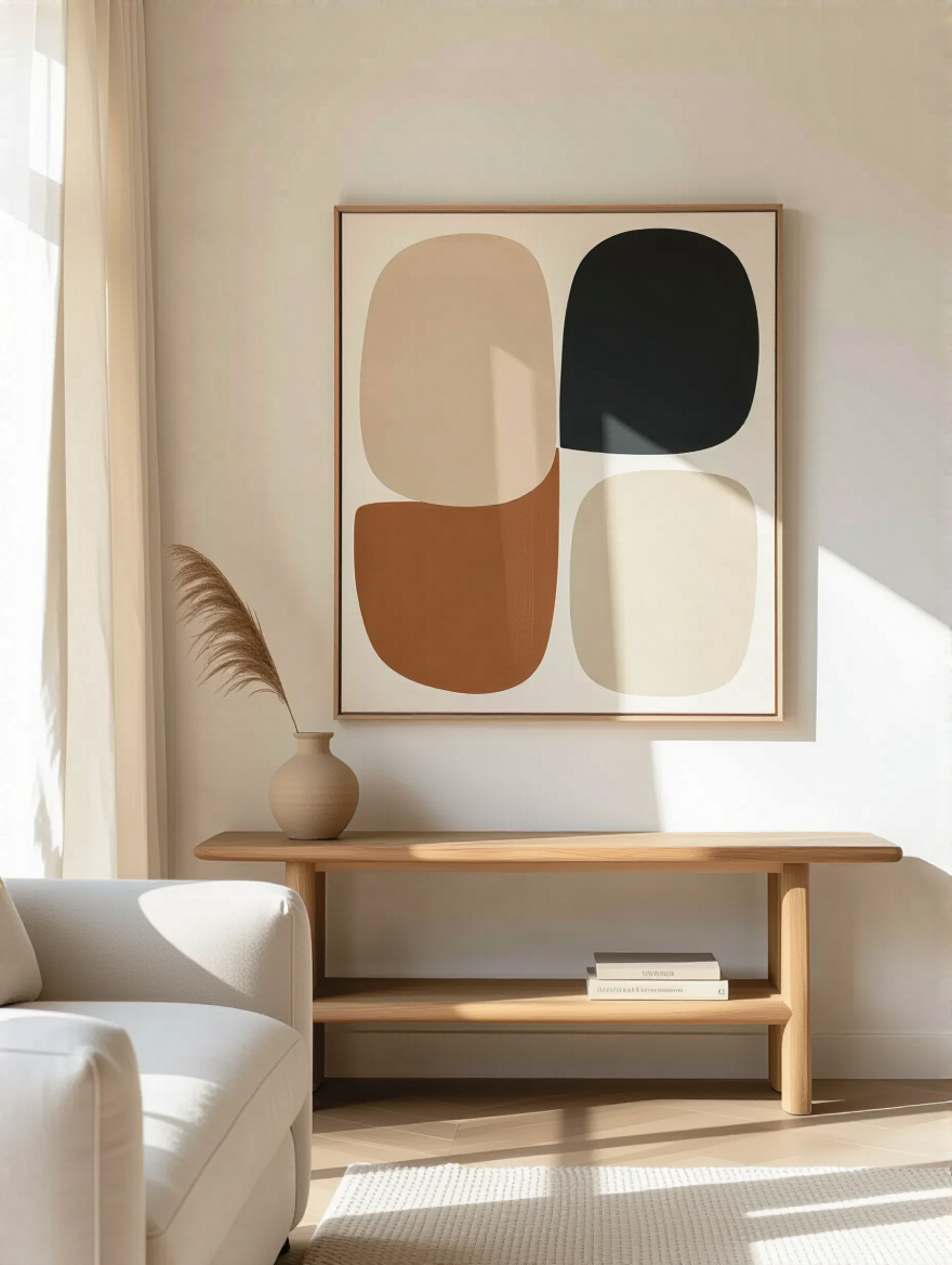 Portrait of a minimalist living room wall with a single focal artwork and negative space