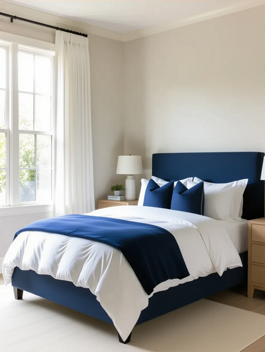 Vertical portrait of a serene blue bedroom balanced with neutrals and white