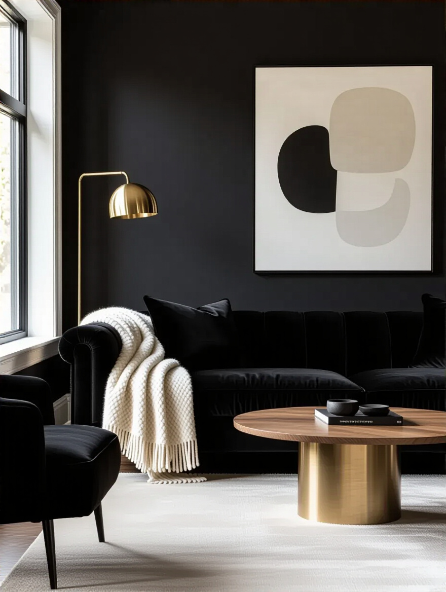 A balanced black living room interior with matte black walls, a black velvet sofa with a cream throw, a natural wood coffee table, and a brass lamp, demonstrating effective tonal balance to avoid excessive darkness.