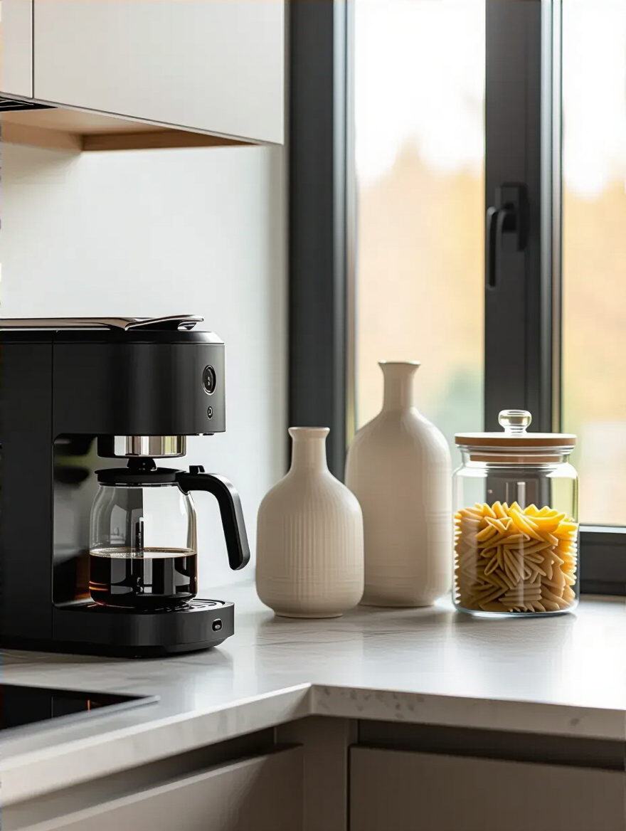 Kitchen countertop featuring a dark coffee machine on one side balanced by a grouping of light ceramic vases and a glass canister on the other, demonstrating visual weight balance in countertop decor.