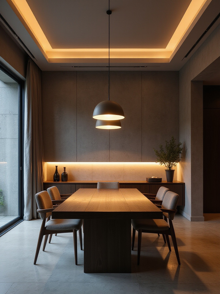 Modern dining room with balanced warm and cool lighting. A sleek pendant casts a warm glow over the table, while cool LED strips highlight a textured wall, creating depth and a harmonious, inviting atmosphere.