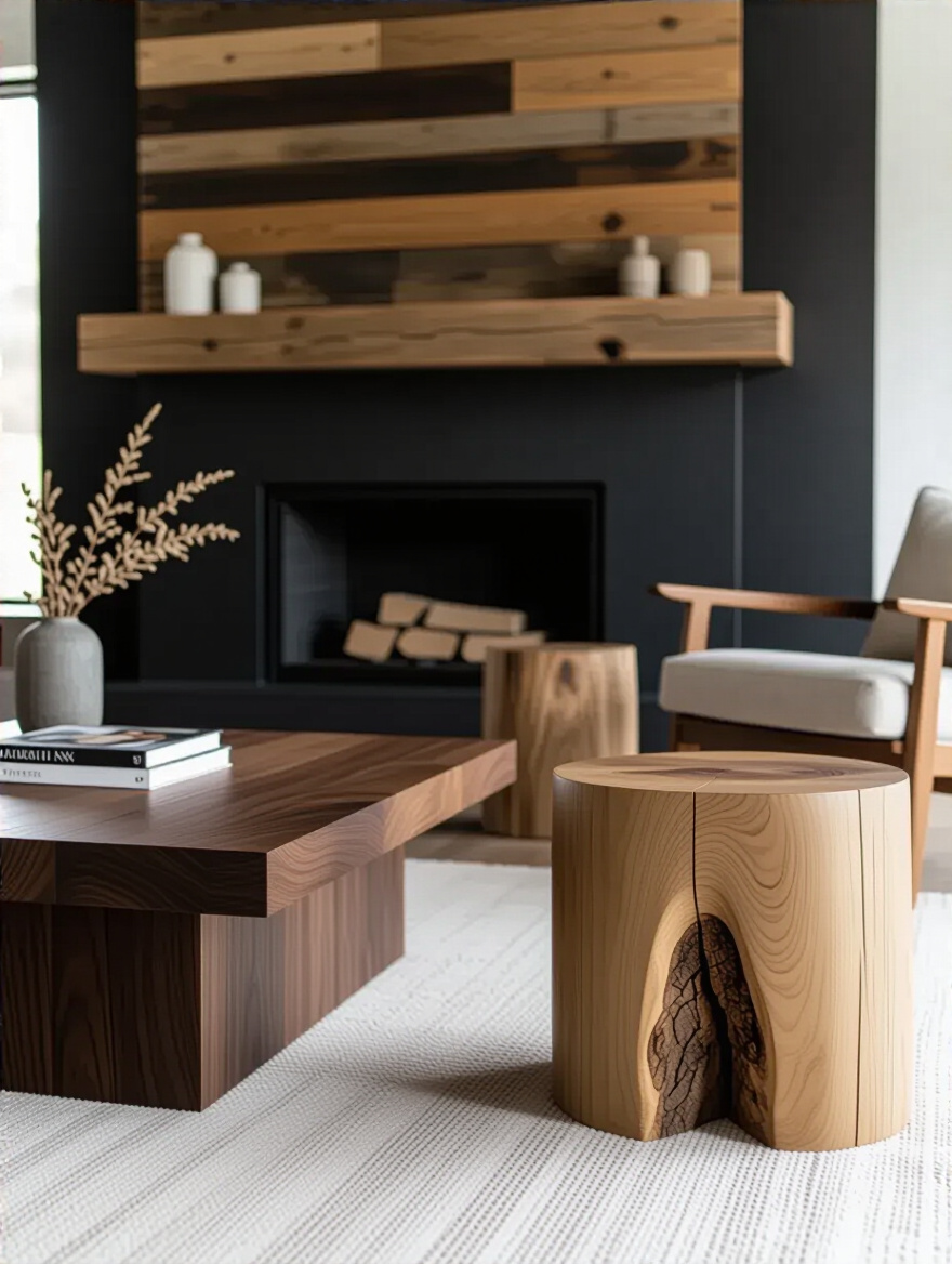 A stylish black living room showcasing various wood furniture, including a dark walnut coffee table, light ash side table, and a distressed barnwood mantel, illustrating how mixed wood finishes add natural warmth and texture.