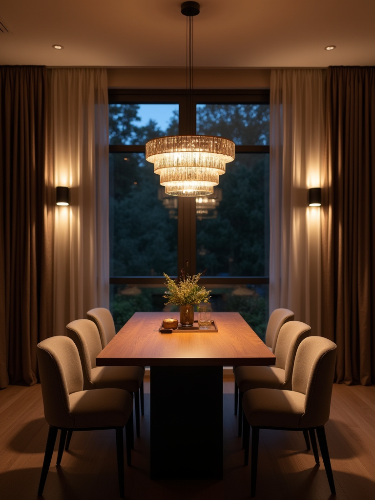Modern dining room with balanced, energy-efficient lighting, showing a contemporary chandelier and wall sconces creating an inviting atmosphere.