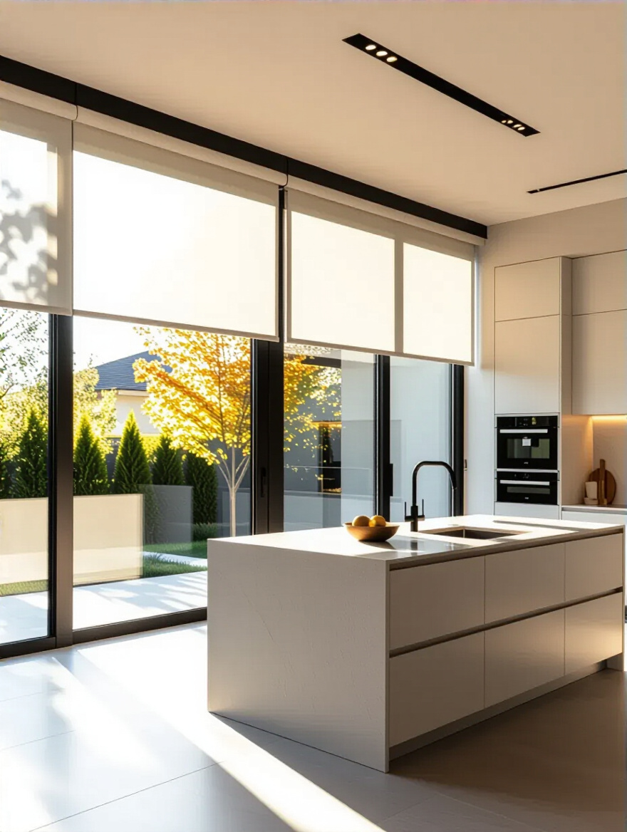 Modern kitchen with automated roller shades providing smart light and privacy control. Interior view with natural light.