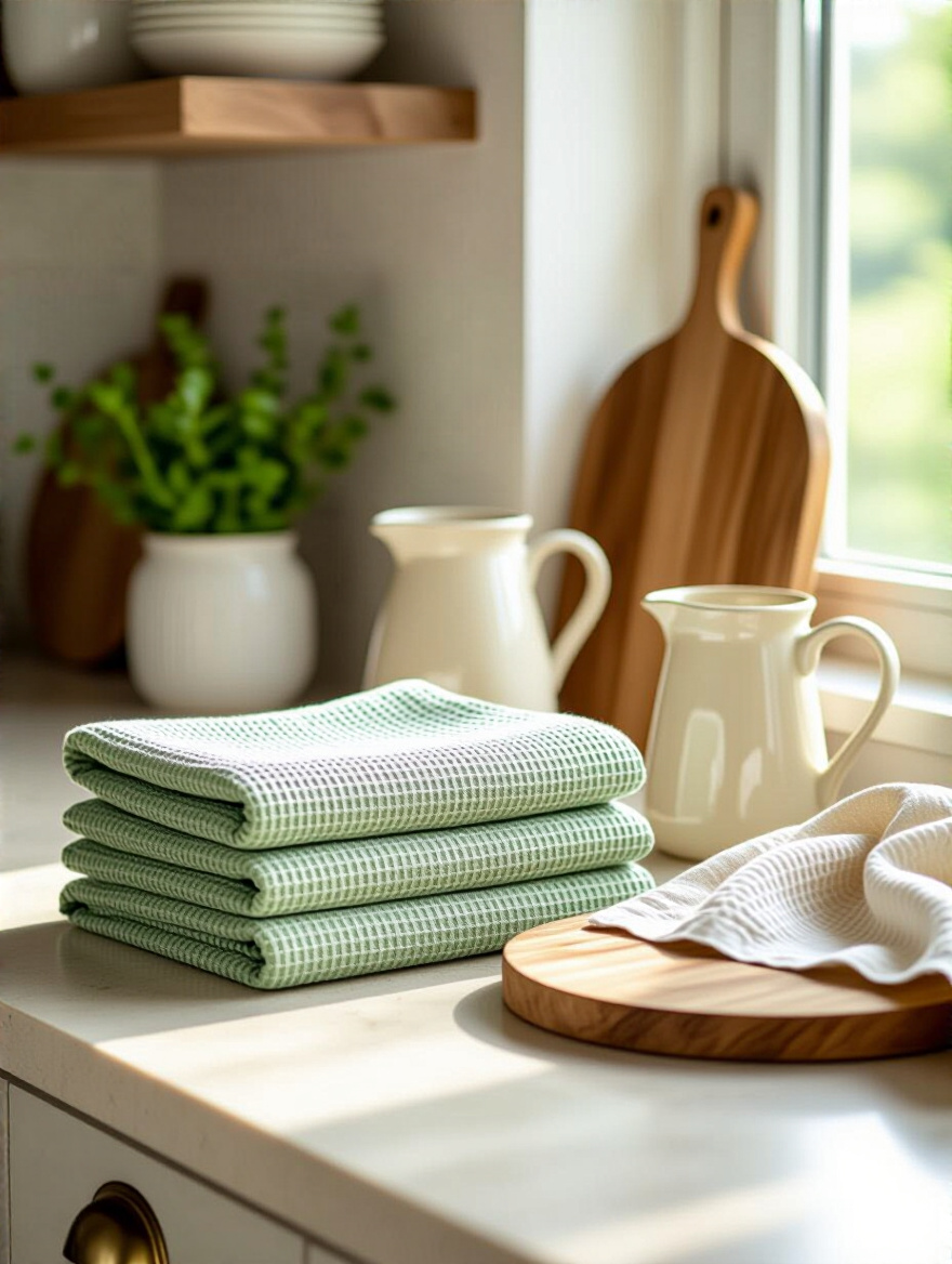 Kitchen countertop with cohesive sage green and cream striped waffle-weave dish towels and a linen tea towel draped over a ceramic pitcher, adding color and texture.
