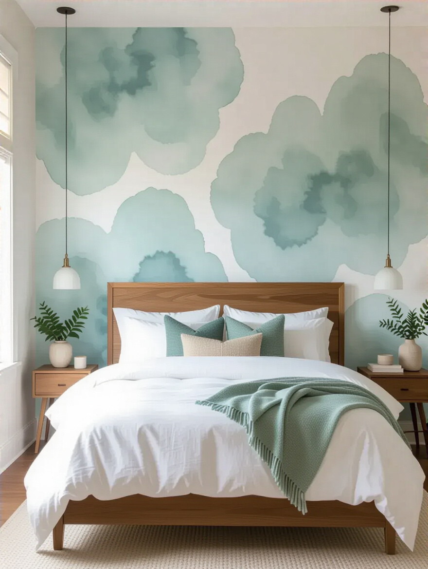 Calming wallpaper colors in a serene bedroom