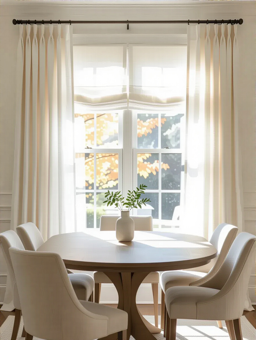 White dining room with layered window treatments adding texture and warmth
