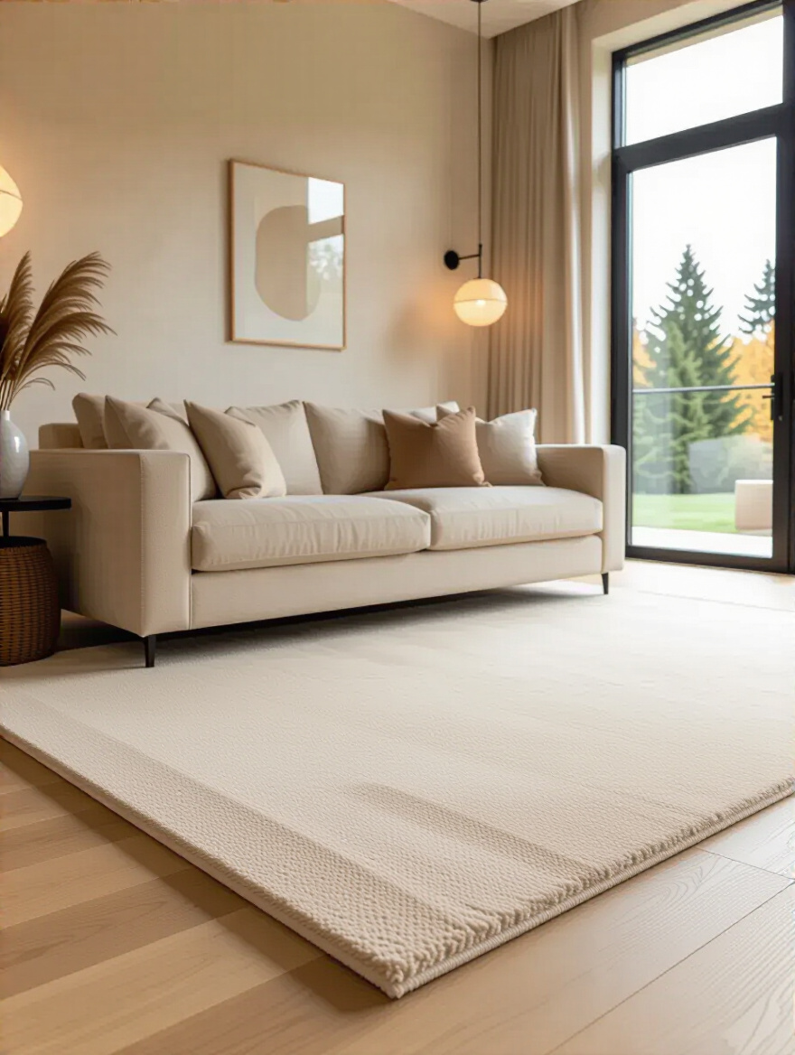 A sophisticated beige living room featuring both a plush, durable beige carpet and light hardwood flooring, showcasing resilience and elegance without visible wear.