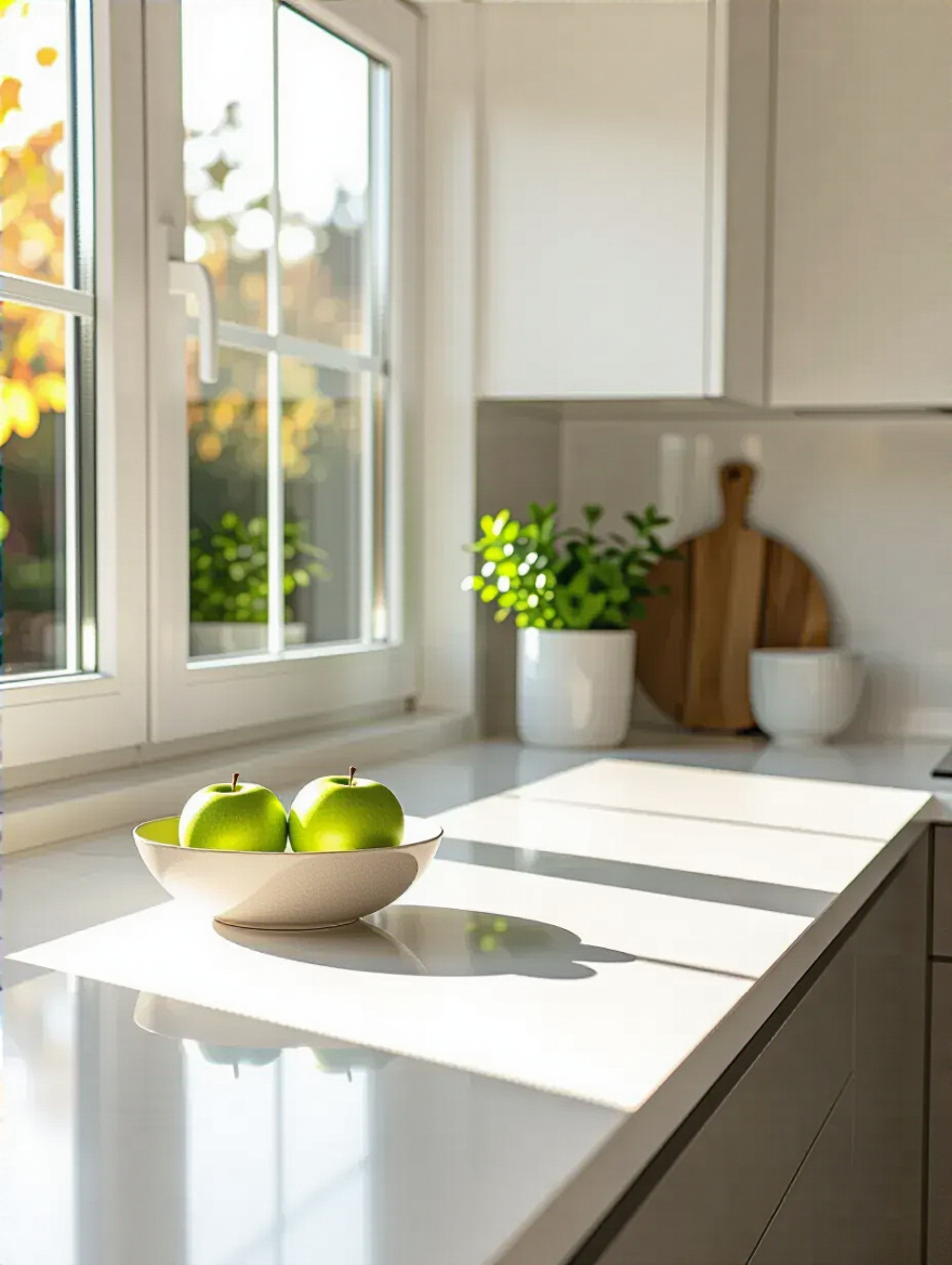 Modern kitchen with sleek, polished light grey quartz countertop, showcasing durable and low-maintenance surface design.