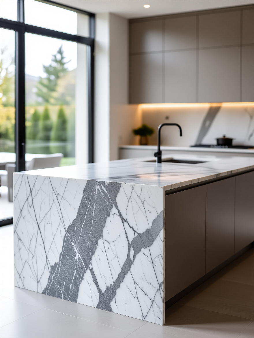 Luxurious modern kitchen island with polished Statuario marble countertop and waterfall edge, showcasing elegant grey veining and smooth finish.