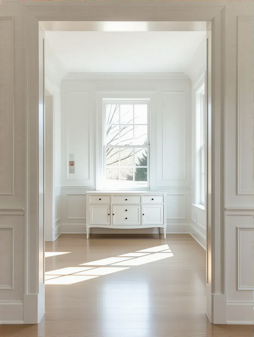 A white dining room with durable satin finish on walls and semi-gloss white trim, showcasing clean lines and resistance to wear, brightly lit from a large window.