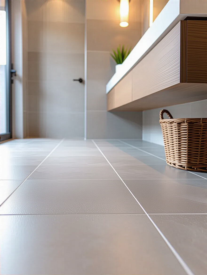 Portrait view of a powder room floor featuring durable, aesthetically pleasing flooring