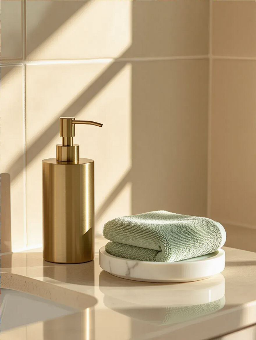 Close-up of elegant beige bathroom accessories on a countertop, including a brushed gold soap dispenser, a small marble tray, and a rolled hand towel in a complementary soft green tone, set against a warm beige tile wall. Natural light illuminates the scene.
