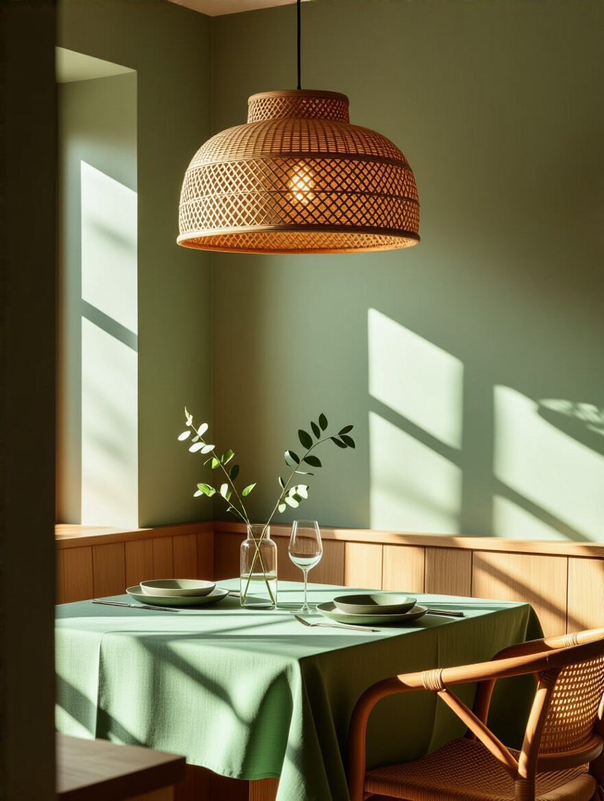 Elegant rattan pendant light illuminates a green-themed dining room corner with warm, energy-efficient glow, natural textures, and a cozy ambiance.