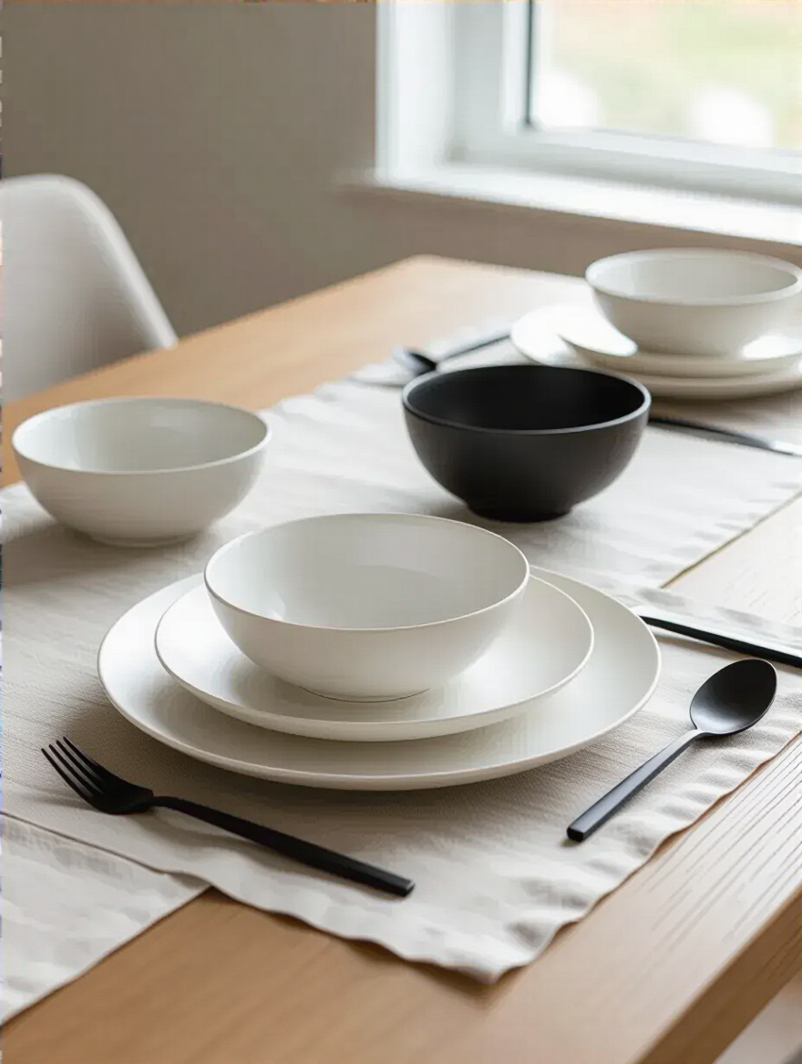 Portrait view of minimalist tableware on a modern dining table