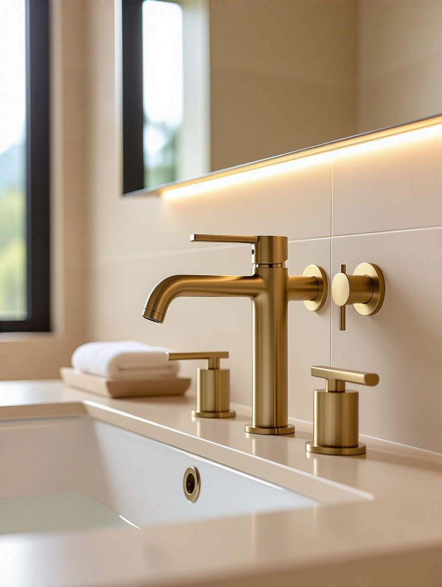 A close-up of a stylish brushed gold wall-mounted faucet set against warm beige bathroom tiles.