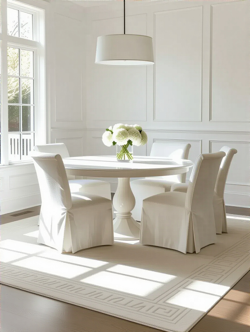 A serene white dining room with a large, subtly textured off-white rug under a pedestal dining table and chairs, effectively grounding the space without overwhelming the minimalist decor.
