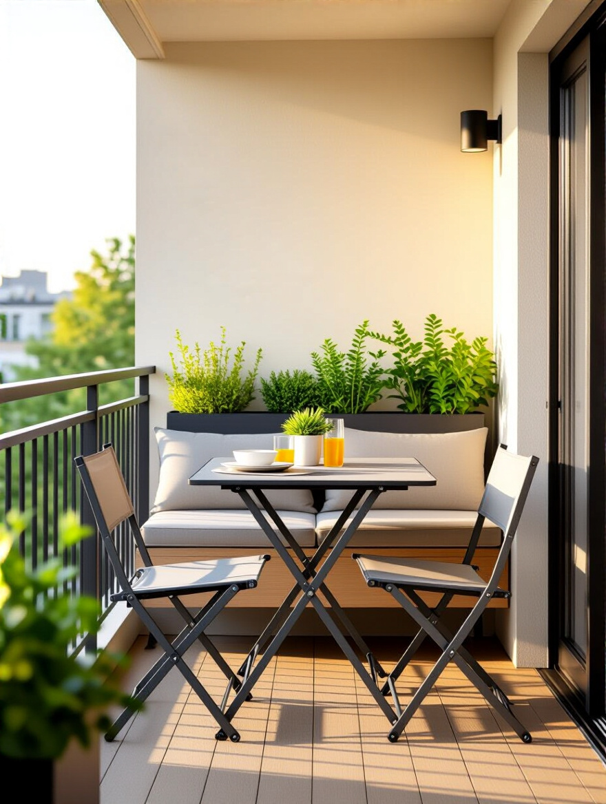 Portrait view of a compact balcony with space-saving foldable furniture