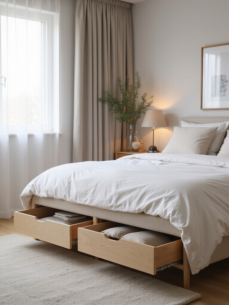 Modern bedroom featuring a sleek, versatile bed frame with integrated storage drawers, demonstrating longevity and adaptable design in contemporary decor.