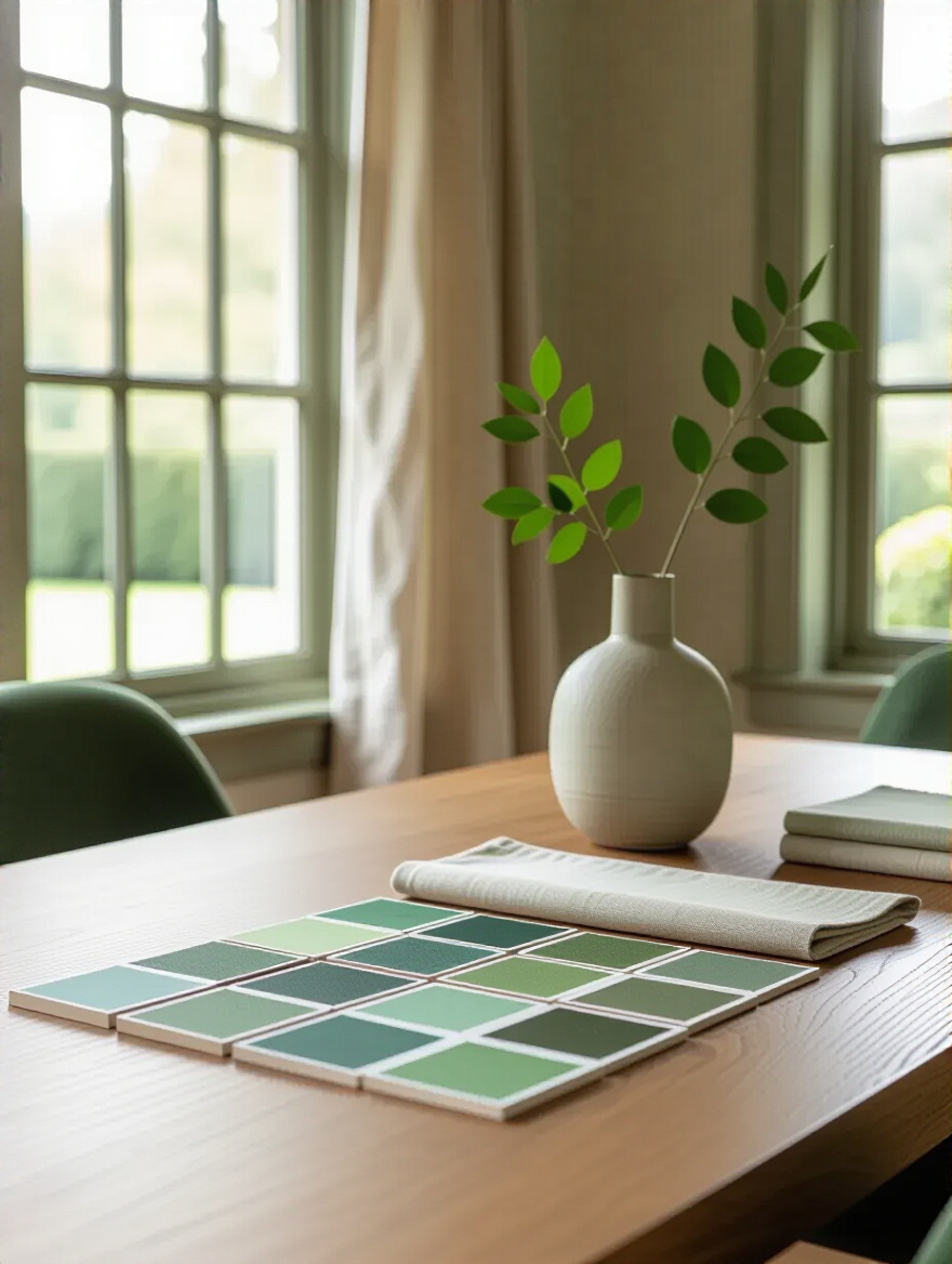 A flat lay image in a dining room showing various green paint swatches and fabric samples, including sage, emerald, olive, and mint greens, alongside neutral complements. It illustrates the process of defining a primary green palette for interior decor.