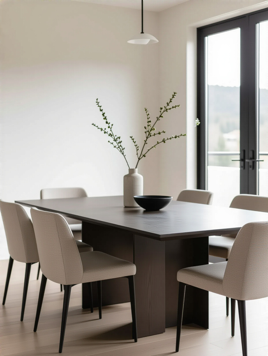 Portrait of a modern dining room featuring a sleek dining table with clean lines and a durable surface.