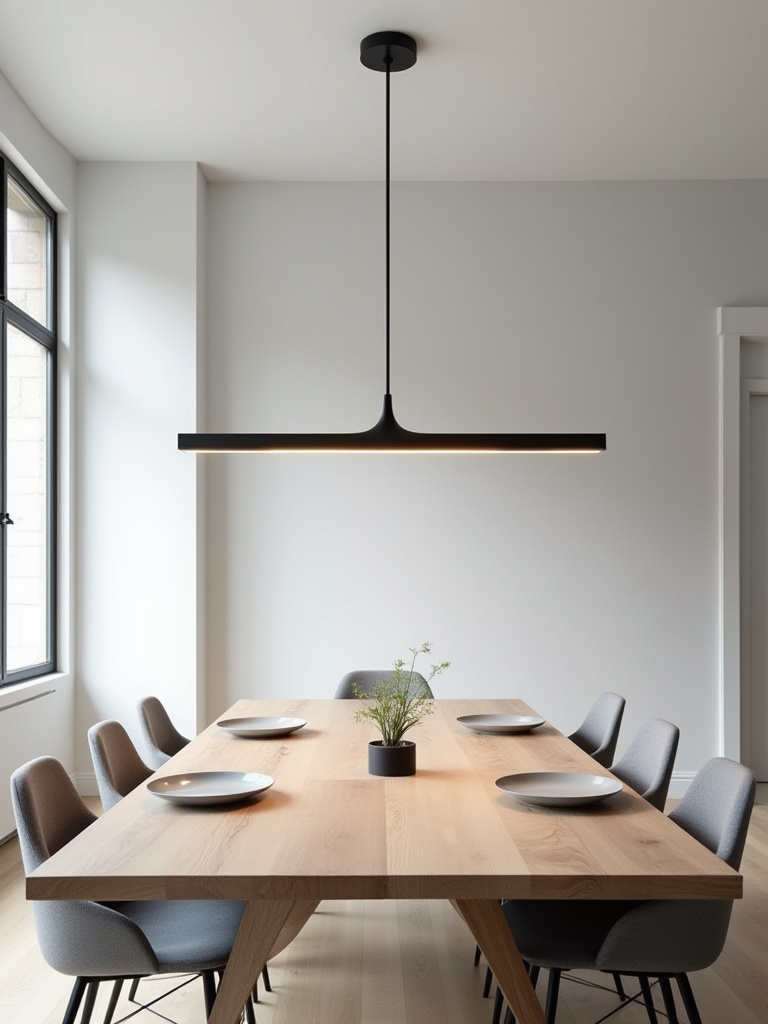 A modern dining room with a sleek black linear pendant light above a white oak table, demonstrating how statement lighting anchors a space.