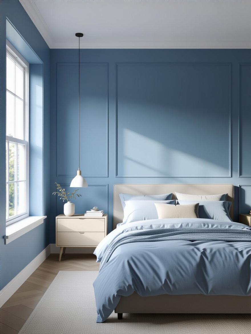 Portrait view of a serene blue bedroom showing matte wall and satin trim finishes