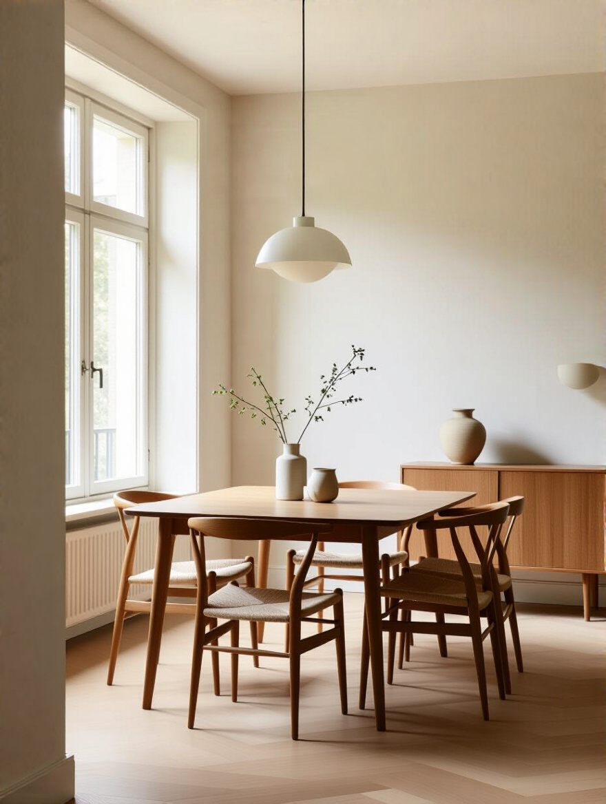 Warm white dining room with soft undertones and natural daylight