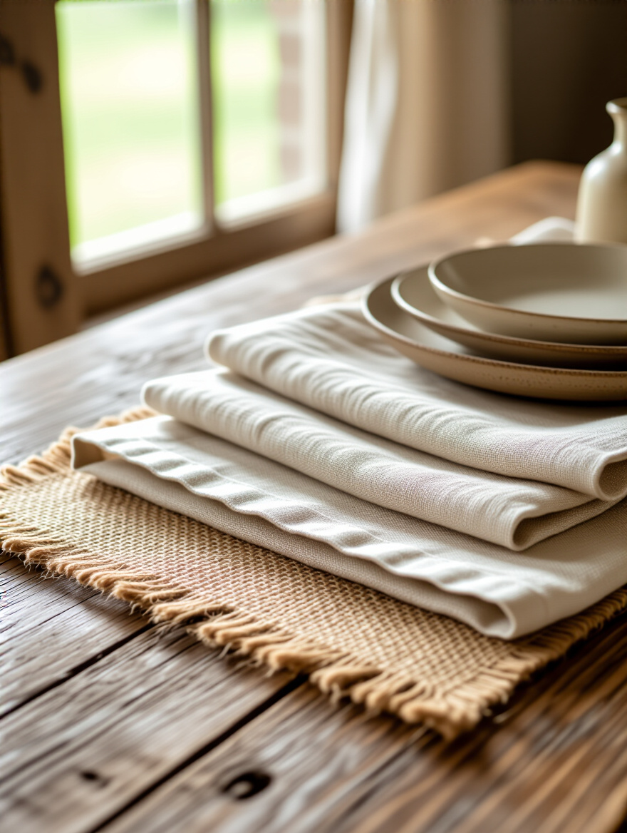 Close-up of layered creamy linen tablecloth, distressed jute runner, and cotton placemat on a rustic farmhouse dining table, showcasing varied natural textures in warm light.
