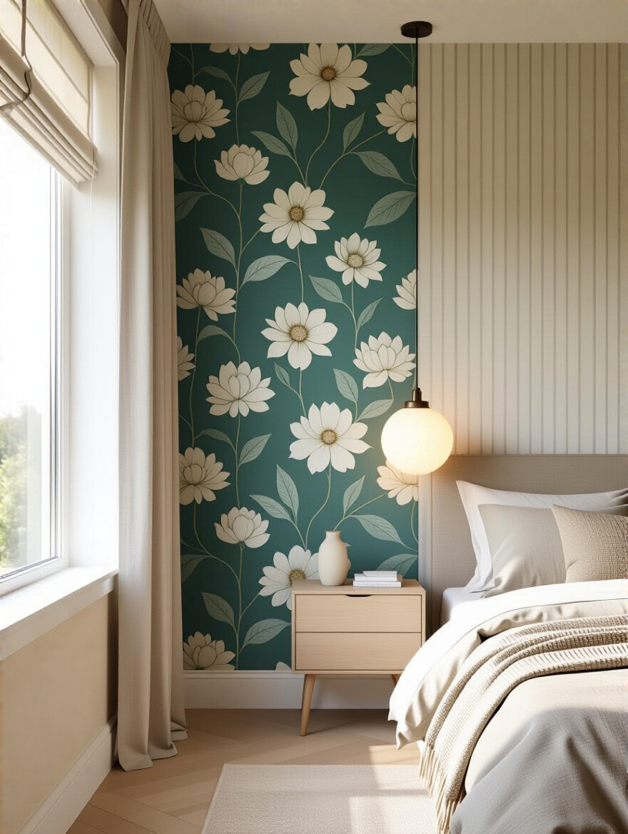Portrait of layered wallpaper with complementary patterns in a bedroom