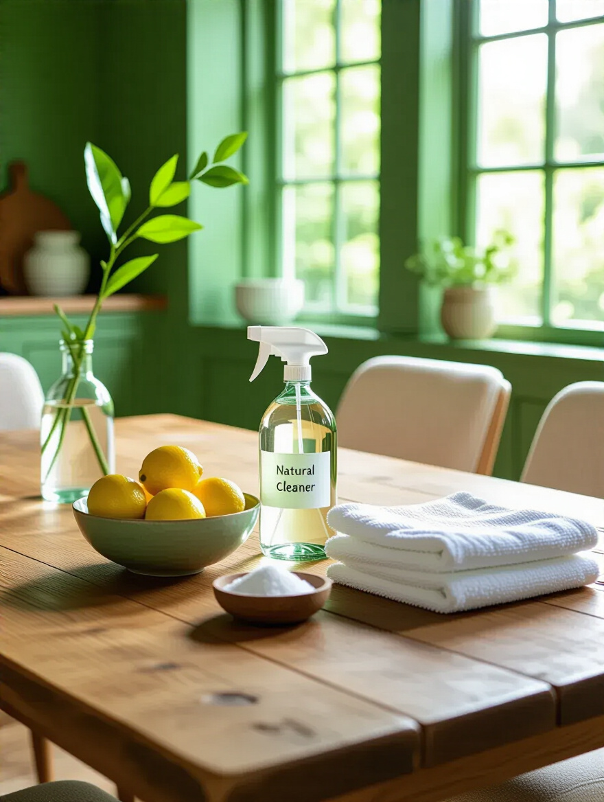 A reclaimed wood dining table with natural cleaning supplies: lemons, baking soda, glass spray bottle, and microfiber cloths, showcasing sustainable cleaning.