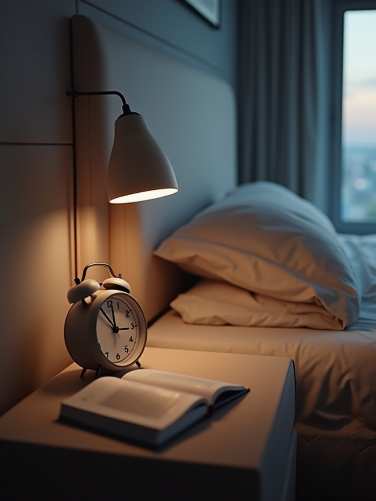 Modern bedroom interior with an analog alarm clock and a book on a minimalist nightstand, illustrating a successful digital detox zone for peaceful sleep.