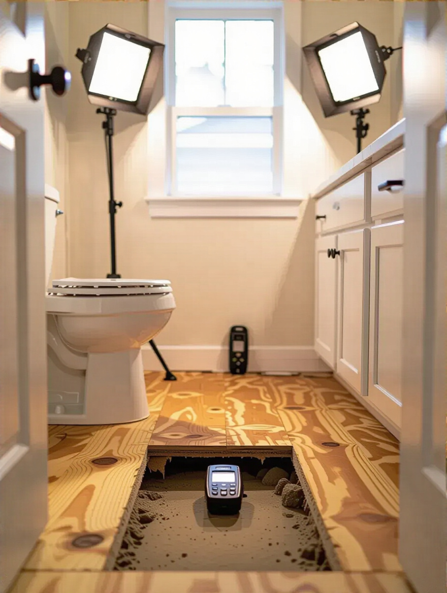 Exposed bathroom subfloor with moisture meter and inspection flashlight
