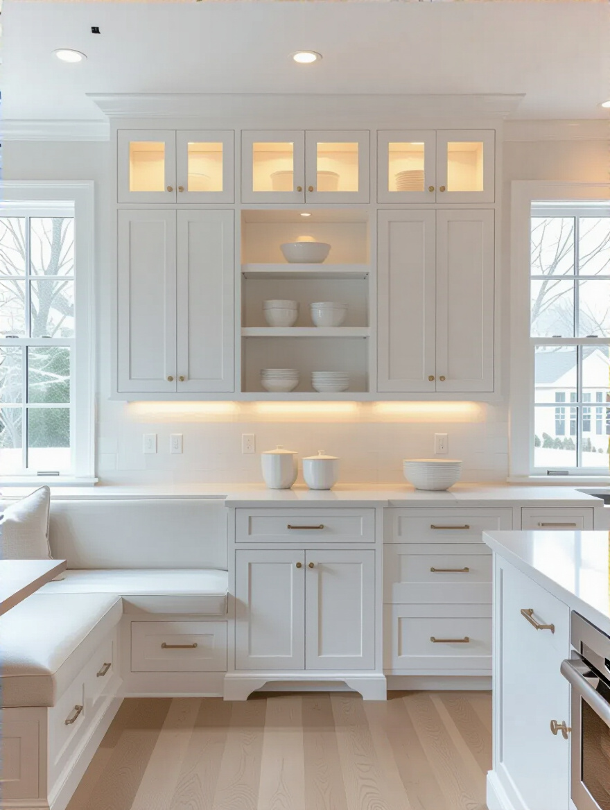 Portrait view of a white dining room with integrated built-in cabinetry and banquette, bright and cohesive.